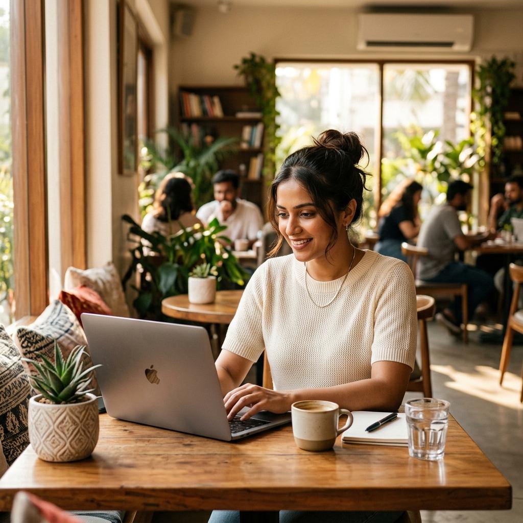 Indian woman working in cafe